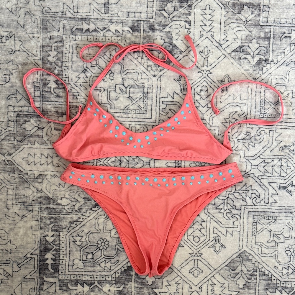 aerie Coral Pink Bikini with Turquoise Stud Accents
